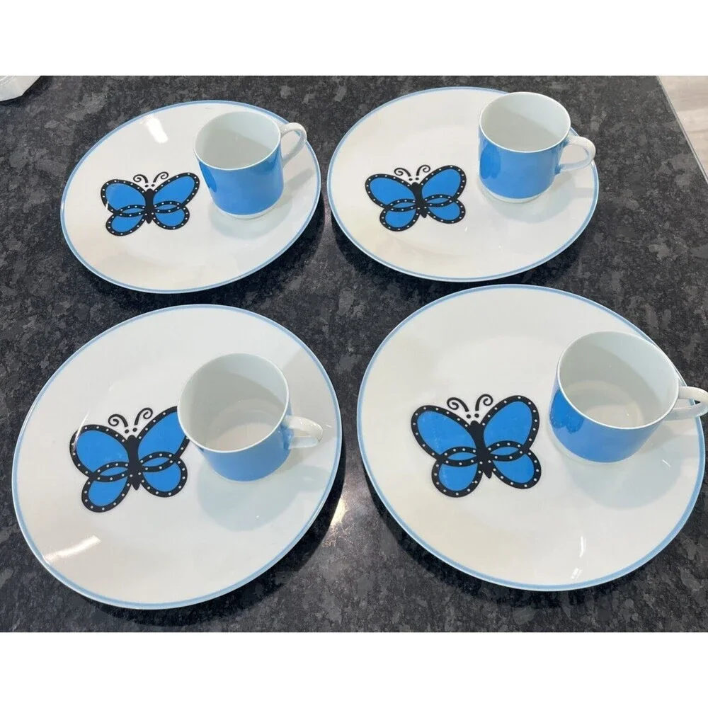 Cho Cho San by JSC 4 Plates and Matching Cups Sets Butterfly Blue White